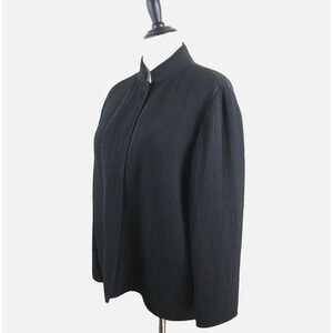 Eileen Fisher Size L Silk Crinkle Sponge Jacket Mandarin Collar Black